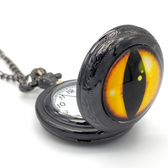 Dragon Eye Pendant Watch NEW Gift Cat Orange Yellow Necklace Pocket Vintage - Picture 2 of 9